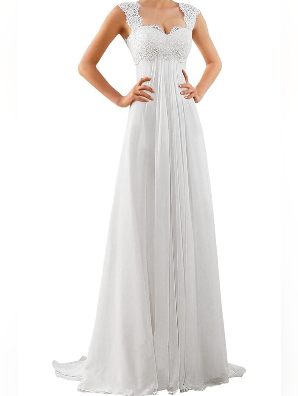 Elegant White Lace Empire-Waist Evening Dress